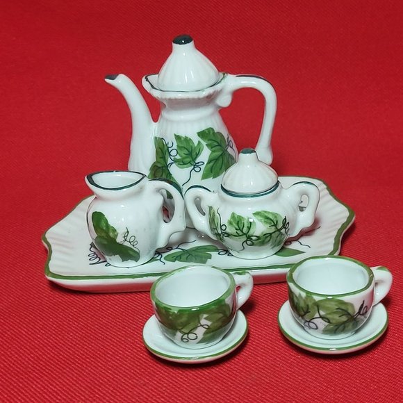 VTG Miniature Teapot Set Ivy Green Leaves 10 Pc - Picture 2 of 15